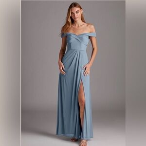 AZAZIE Dusty Blue Elegant Off-Shoulder Dress Size 6 NWT